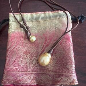 Golden South Sea Pearl Brown Leather Toggle Necklace 20" Handmade Bohemian Luxe